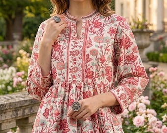 Indian Floral Block Print Cotton Tunic Top, Boho Summer Peplum Kurti for Women
