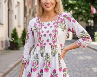 Cotton Floral Cotton Print Short Kurti, Boho Ethnic Tunic Top