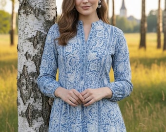 Blue Floral Printed Cotton Tunic for Women | Long Sleeve Ethnic Kurti Top | Boho Casual Summer Wear