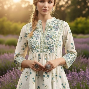 Mit Blumen bedrucktes Kurti-Oberteil, Boho ethnische Tunika, sehen aus wie Handblock-Stil