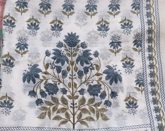 May include: White fabric with a repeating floral pattern in shades of blue and olive green. A large floral tree design is centered on the fabric. The edge has a border with a repeating floral design.