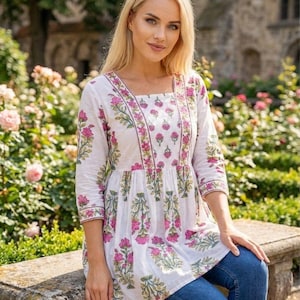 cotton top, floral top, summer top, boho top, ethnic wear, tunic top, kurta top, printed kurti, block print, indian wear, casual top, trendy kurti, ladies kurti, indo western, relaxed fit, cotton wear, daily outfit, festive wear, chic tunic, stylish top, gift women, soft cotton, flare kurti, modern kurti, traditional top,