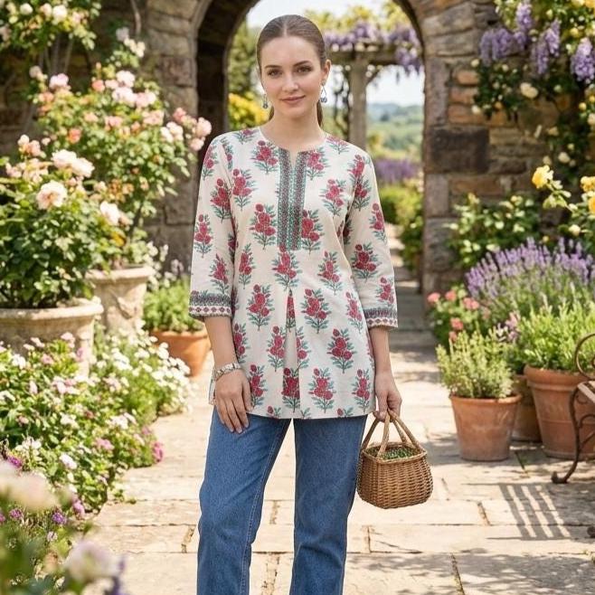 Floral Cotton Tunic, Pink Teal Block Print Kurti, Boho Summer Top, 3/4 Sleeve