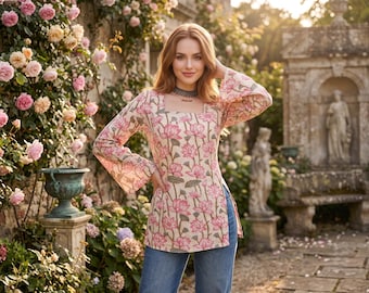 Korte kurti van katoen met lotusprint | Bloemenprint boho tuniek top voor dames | Blouse met vierkante hals