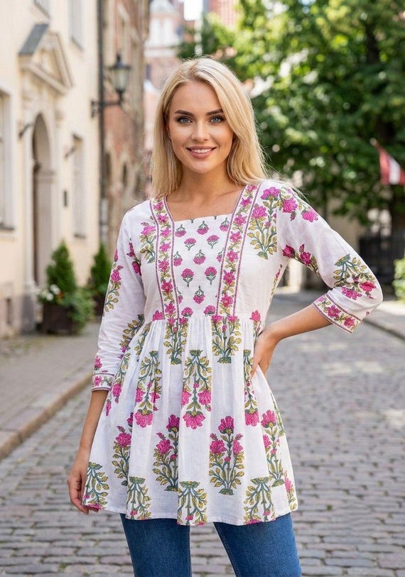 Cotton Floral Cotton Print Short Kurti, Boho Ethnic Tunic Top