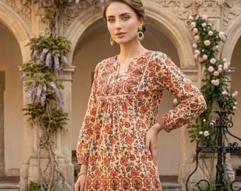 Tunica da donna in cotone con stampa floreale stile boho, scollo a V e maniche lunghe, kurti / camicetta estiva casual