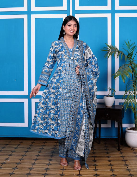 Jaipuri Floral Printed Cotton Kurti Palazzo Suit with Dupatta