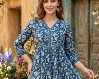 Floral Printed Kurti Top, Boho Ethnic Tunic, Cotton Blend Kurti
