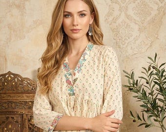 Kurti con estampado floral, túnica étnica bohemia, estilo con efecto de bloque hecho a mano.