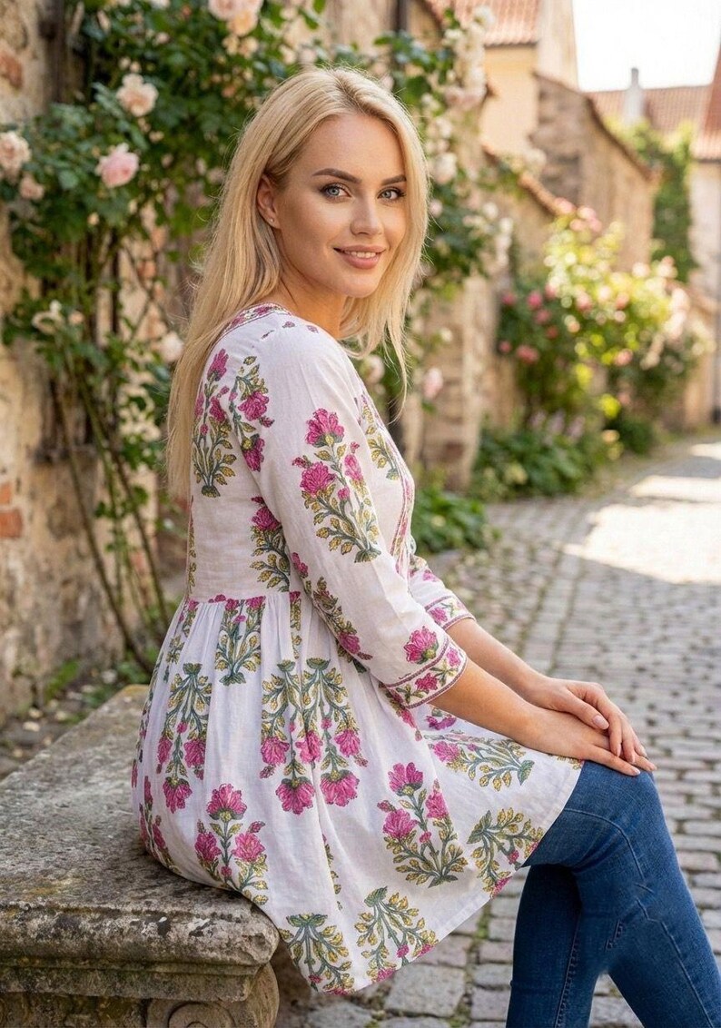 cotton top, floral top, summer top, boho top, ethnic wear, tunic top, kurta top, printed kurti, block print, indian wear, casual top, trendy kurti, ladies kurti, indo western, relaxed fit, cotton wear, daily outfit, festive wear, chic tunic, stylish top, gift women, soft cotton, flare kurti, modern kurti, traditional top,