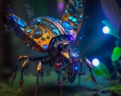 A macro shot of a cyborg Carabidae in a natural environment for print or digital background, part of the futuristic bug collection.