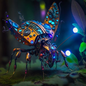 A macro shot of a cyborg Carabidae in a natural environment for print or digital background, part of the futuristic bug collection.