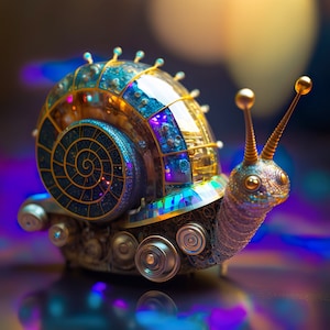 High resolution digital artwork of a futuristic animal collection. A macro shot of a cyborg snail. For print or digital background.