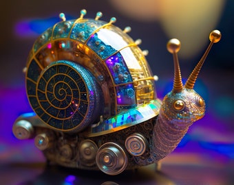 High resolution digital artwork of a futuristic animal collection. A macro shot of a cyborg snail. For print or digital background.