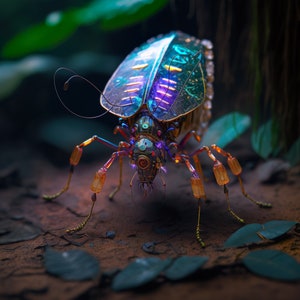 Pode incluir: Close-up de um besouro metálico iridescente com pernas longas e um design detalhado e intrincado. O besouro está em pé sobre uma superfície marrom texturizada com folhas verdes no fundo.