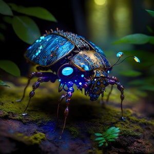 Pode incluir: Um besouro metálico azul e dourado com luzes azuis brilhantes, empoleirado em uma superfície musgosa em um ambiente de floresta.