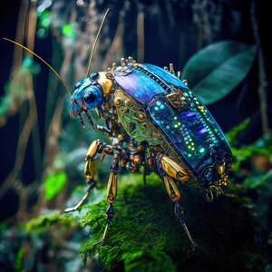 Op de afbeelding: Een blauwe en gouden kever met ingewikkelde details, die doet denken aan een steampunk-ontwerp, zit op een bed van groen mos.