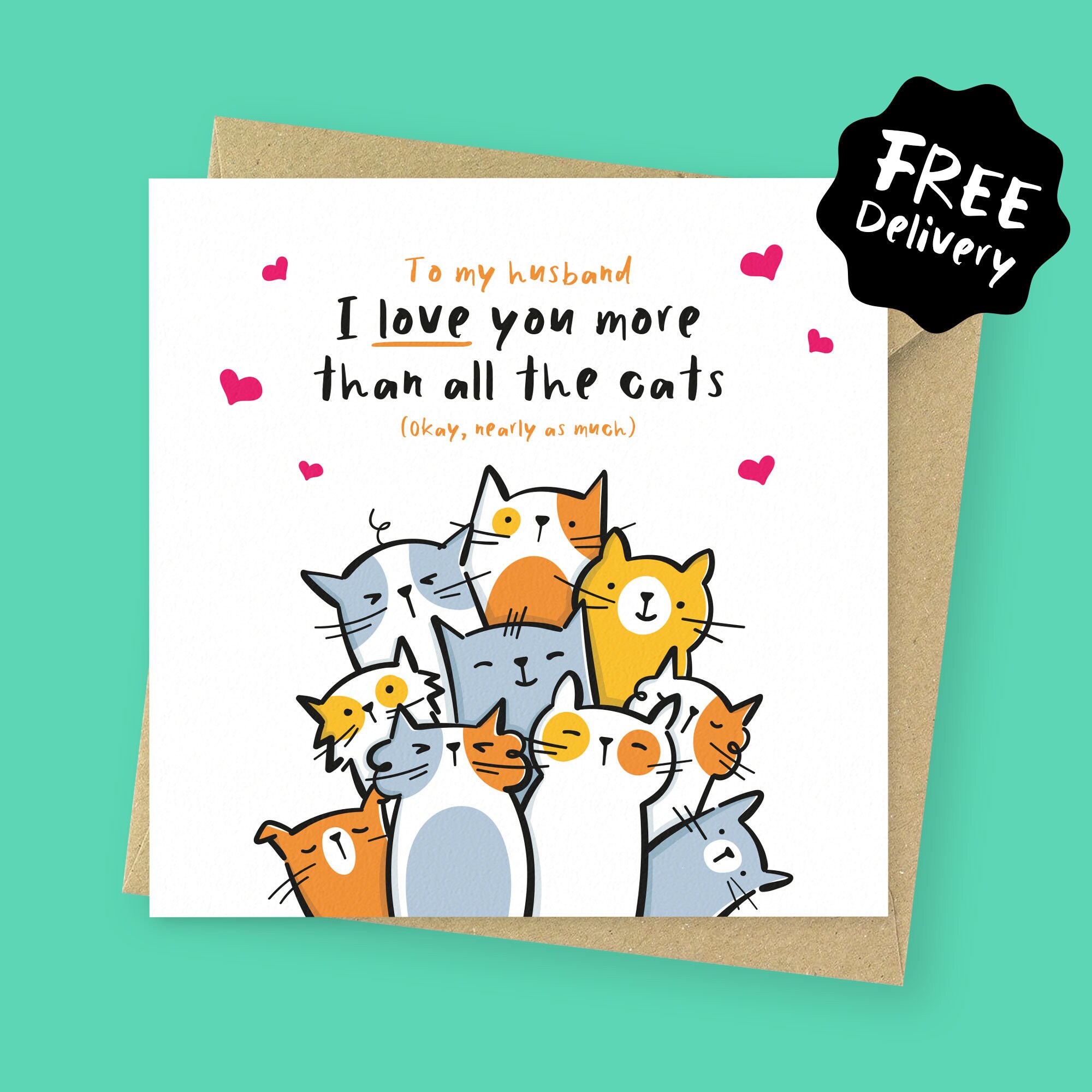 Love you more than the cats cute Birthday card for him // Funny Valentines card for husband