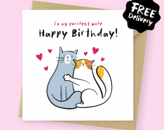 Purrfect wife cute cat Birthday card for her // Funny Birthday card for wife