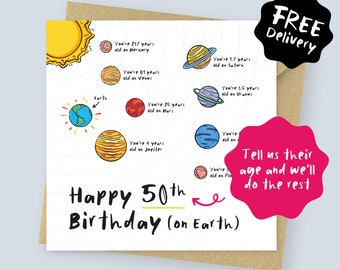 Personalised any age space Birthday card // solar system ages on different planets for him, for dad, for boyfriend, for husband, for brother