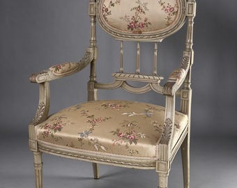 Early 20th Century French Louis XVI Style Armchair, Painted Wood Floral Upholstery, Antique Salon Chair