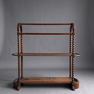 Antique Oak Hall Stand with Shoe Rack and Umbrella Holders, Barley Twist Three-Tier Entryway Storage