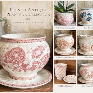 French Antique Ceramic Planter Collection, Vintage Floral Planter, French Country Cache Pot, Ironstone Plant Pot