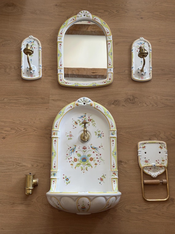 Vintage French Faience Bathroom Set – Hand-Painted Wall Fountain Sink, Mirror, Towel Holder & Light Sconce, Floral Décor