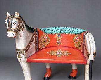 Mid-Century Indian Hand-Painted Wooden Horse Chair, Vintage Folk Art Sculptural Accent Seat