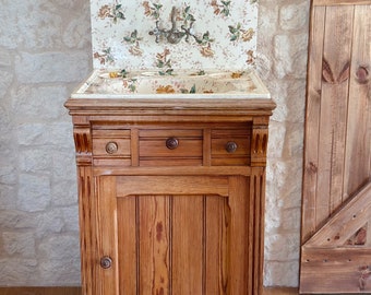 Meuble de toilette ancien lavabo antique faïence luneville motif fleur