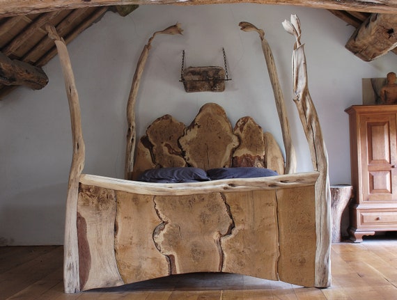 Live Edge Four Poster Bed, Hand Carved English Oak, Organic Wood Bed