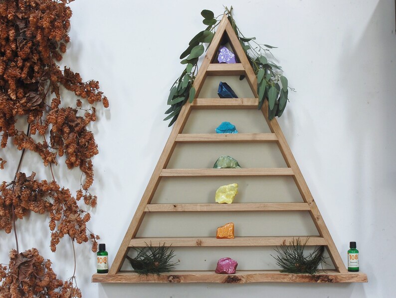 The 7 Chakra English Oak Crystal Pyramid, Triangle Crystal Shelf, Wall Altar, Triangle Display