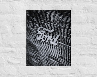 Vintage Ford Logo Print – Black and White Classic Car Photography Wall Art, Retro Automotive Decor