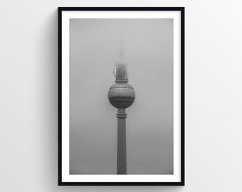 Berlin&#39;s TV Tower (Berliner Fernsehturm) in the Clouds, Black and White Print
