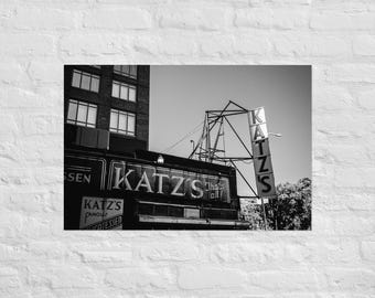Katz’s Deli New York City Black and White Print – Unframed NYC Photography, Monochrome Urban Poster, Iconic Film Location Wall Art