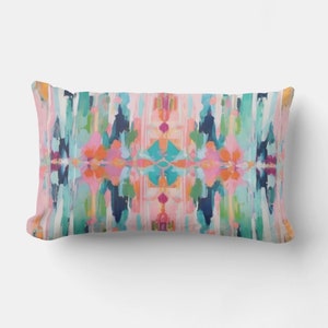 In Stock Quick Ship Dora Decorative Abstract Painted Print 12x20 Lumbar Boho Throw Pillow Fuschia Pink Green Blue Navy Turquoise Aqua Orange