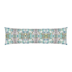 May include: A long, rectangular pillow with a blue, green, and gray abstract pattern. The pillow has a white background and a subtle, faded look.