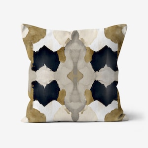 Aiya Abstract Boho Throw Pillow: Modern Art Print in Gold, Black, Charcoal, White, Taupe & Ivory