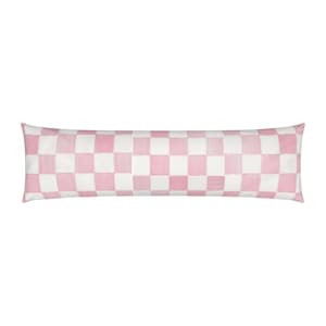 Adel Pink and White Checkerboard Impasto Painted Print 15x36” or 15x49” Long Decorative Lumbar Pillow Pale Light Pink