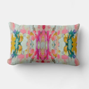 In Stock Quick Ship Layla Decorative Abstract Modern Art Colorful Painted Print 12x20 Lumbar Boho Throw Pillow Green Pink Red Teal Grey Gold