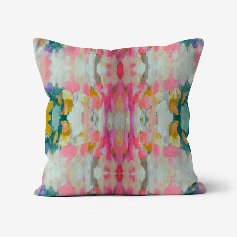 In Stock Quick Ship Layla Decorative Abstract Modern Art Colorful Painted Print Geometric Boho Pillow Green Yellow Pink Red Teal Grey Gold image 1