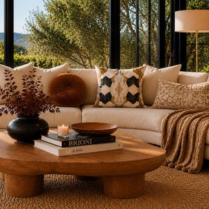 May include: A low, organic-shaped wooden coffee table with thick cylindrical legs, topped with a black vase, a small candle, a wooden bowl, and two stacked books titled Brioni and at 100, positioned in front of a cream-colored sectional sofa.