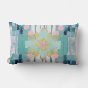 In Stock Quick Ship Fiona Decorative Abstract Painted Print 12x20 Lumbar Boho Throw Pillow Blue Green Pink Yellow Aqua White Turquoise