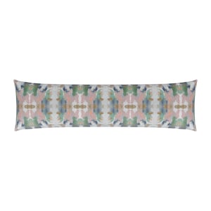 May include: A long, rectangular throw pillow with a colorful abstract pattern in shades of pink, green, blue, and gold. The pattern is symmetrical and features a repeating design of overlapping shapes.