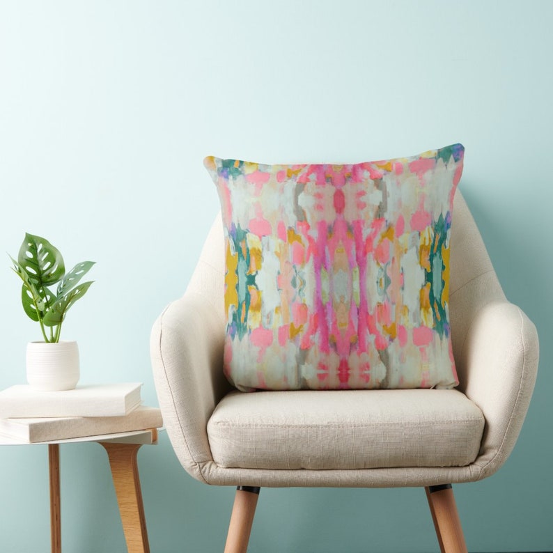 In Stock Quick Ship Layla Decorative Abstract Modern Art Colorful Painted Print Geometric Boho Pillow Green Yellow Pink Red Teal Grey Gold image 2