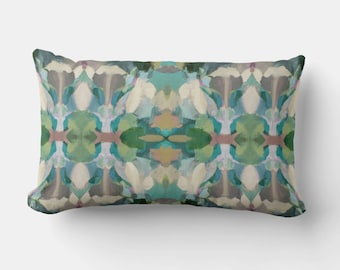 Nora Decorative Geometric Modern Art Colorful Painted Print 12x20 Lumbar Throw Pillow Green White Taupe Aqua Teal Turquoise Brown Grey