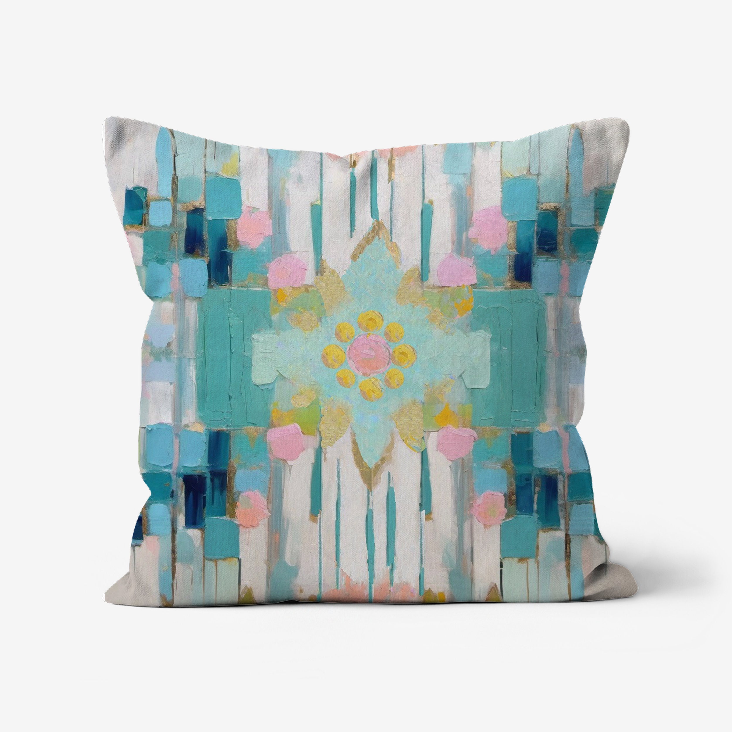 Bohemian Fiona Palette Knife Textured Print: Vibrant Decorative Pillow - Turquoise, Aqua, Teal, Gold, Pink