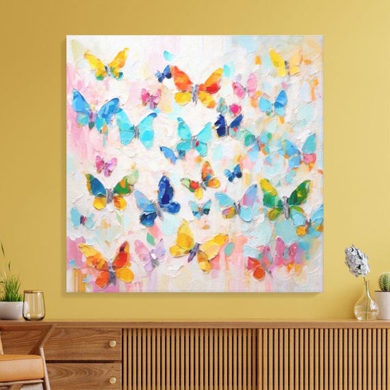 Butterfly Impasto Painting on Canvas, Colorful Wall Art Print
