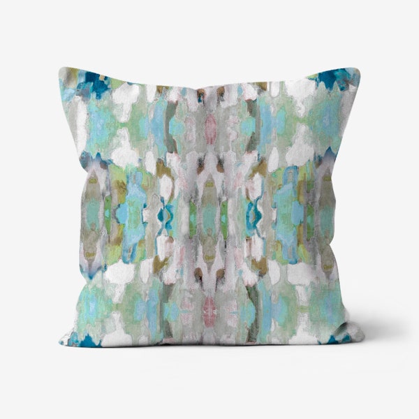 Layla Decorative Abstract Modern Art Colorful Painted Print Geometric Throw Pillow Green Blue Grey Taupe Brown Mauve White Turquoise Teal