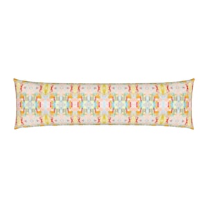 May include: A long, rectangular pillow with a colorful, abstract pattern. The pattern features shades of pink, yellow, blue, and green in a repeating design.